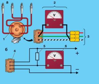—26. Схемы для проверки бесконтактного датчика на автомобиле (а) и на снятом датчике—распределителе зажигания (б)